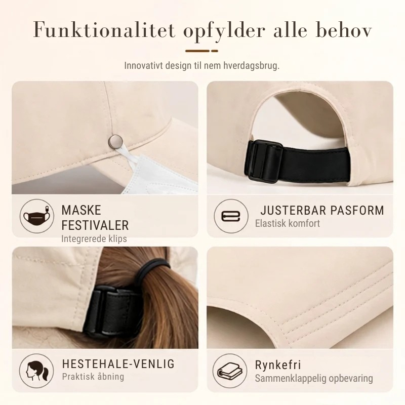 ☀️ 50 % RABAT! 👒 Solhat med hestehaleåbning – Åndbar, UPF 50+ og justerbar pasform. Perfekt til løb, stranden og alle former for udendørs aktiviteter. 🏃‍♀️