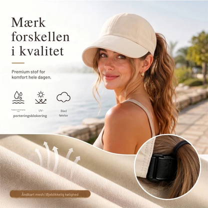 ☀️ 50 % RABAT! 👒 Solhat med hestehaleåbning – Åndbar, UPF 50+ og justerbar pasform. Perfekt til løb, stranden og alle former for udendørs aktiviteter. 🏃‍♀️