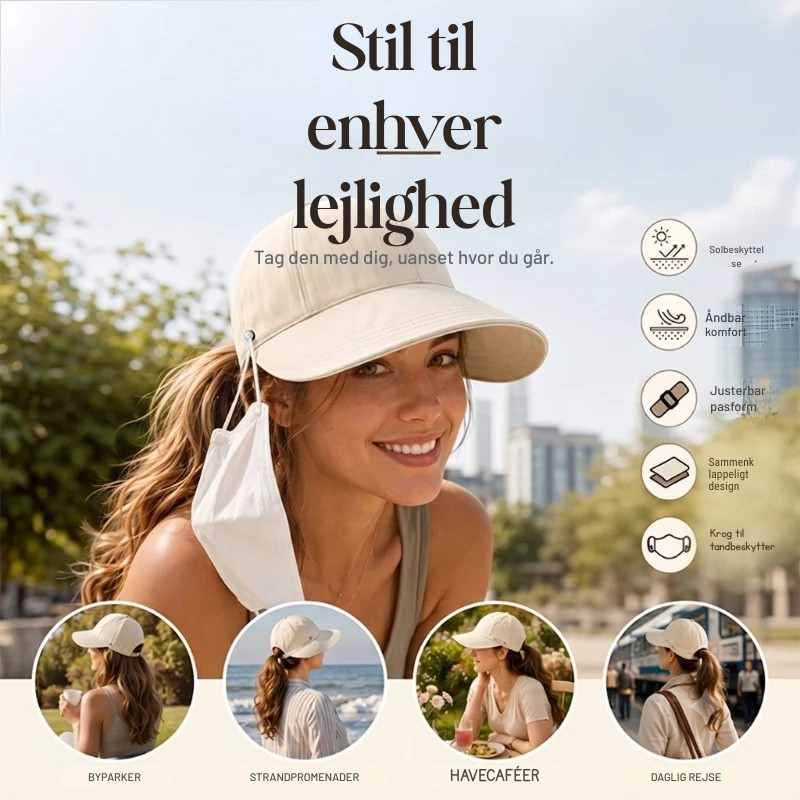 ☀️ 50 % RABAT! 👒 Solhat med hestehaleåbning – Åndbar, UPF 50+ og justerbar pasform. Perfekt til løb, stranden og alle former for udendørs aktiviteter. 🏃‍♀️